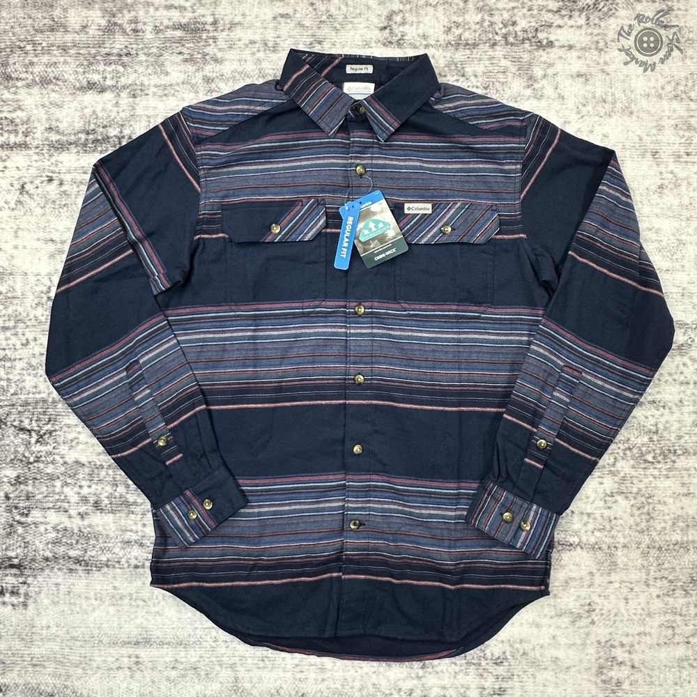 NWT Columbia Flare Gun Stretch Flannel Shirt Navy Blue Omni-Wick Men's Small $60